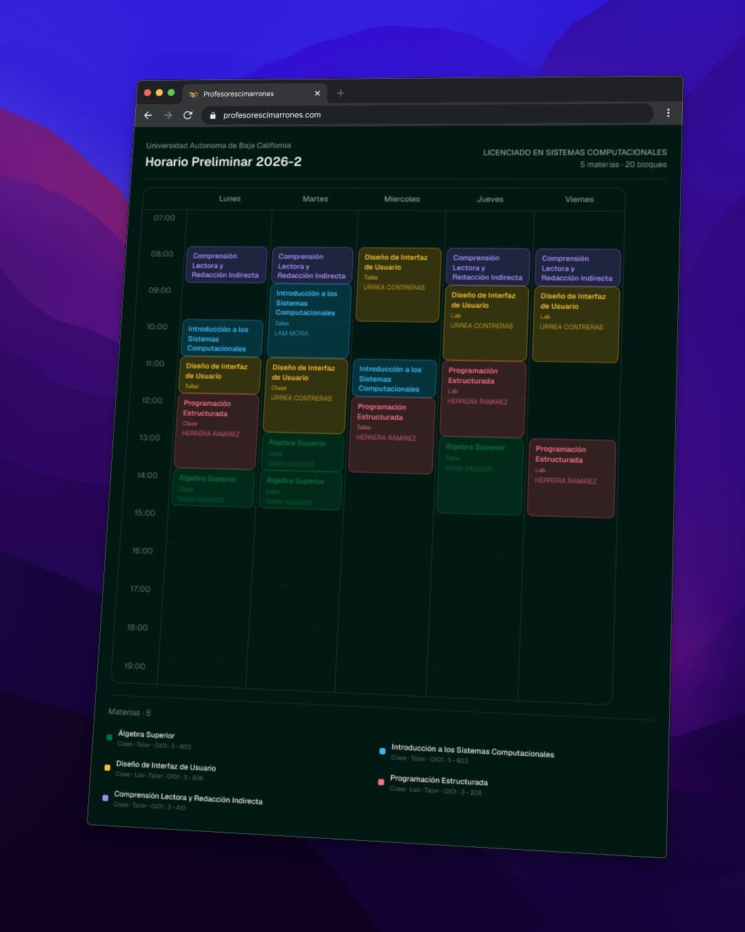 Vista previa del constructor de horarios